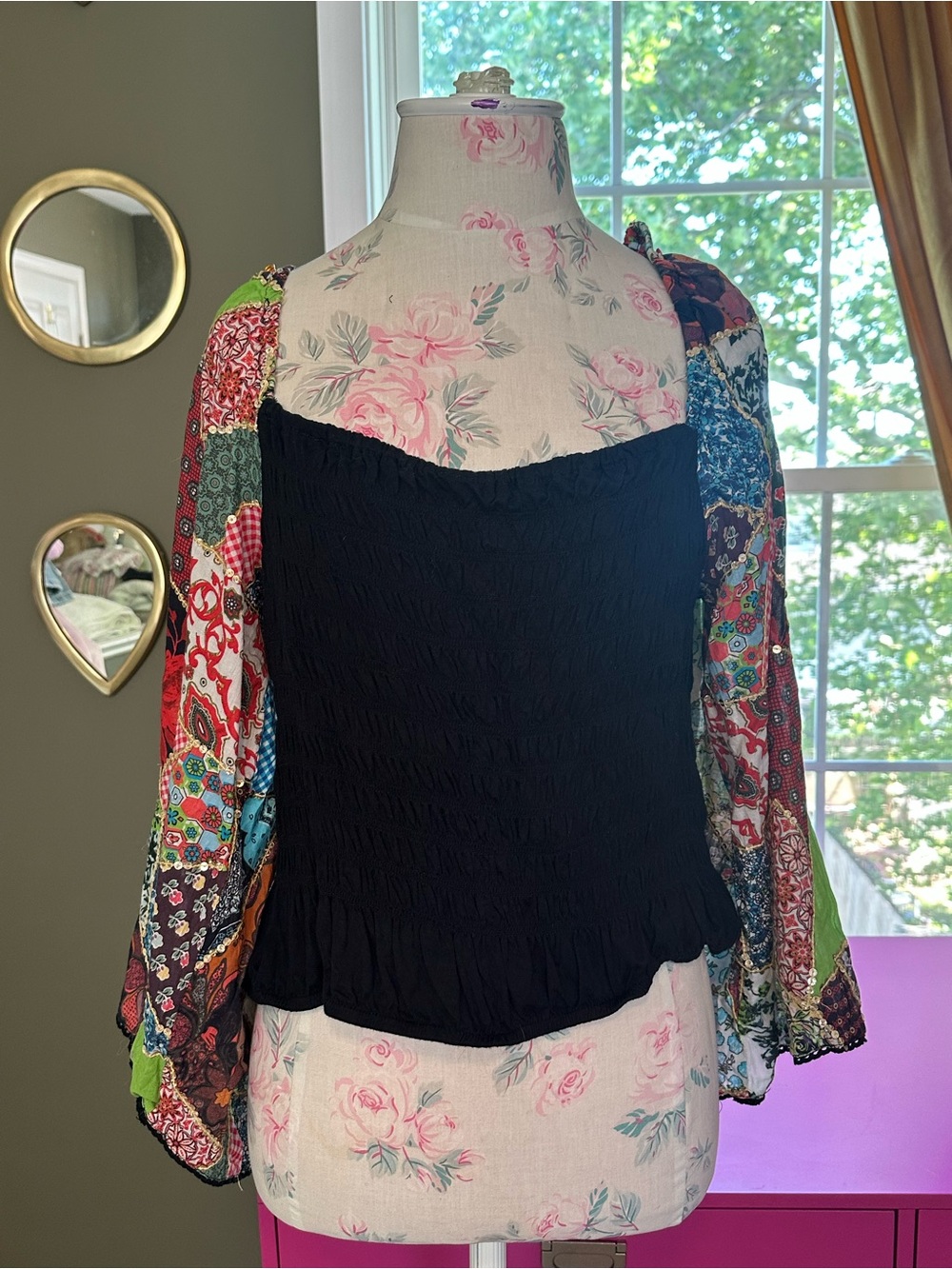 Anthropologie Let Me Be Black Bodice Patchwork Floral Puff-Sleeve Top